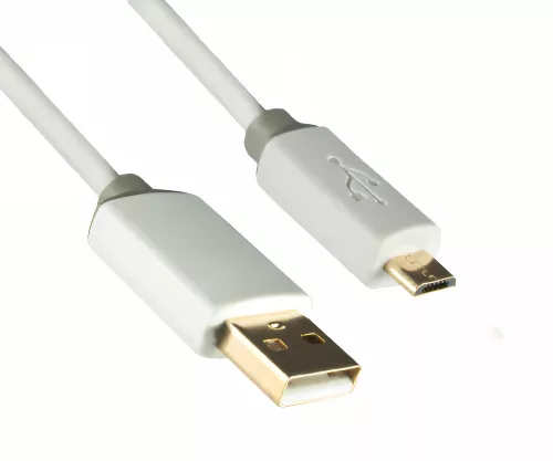 USB HQ cable, A to micro B plug, gold-plated plug, white, DINIC box with Euro hole, 1m